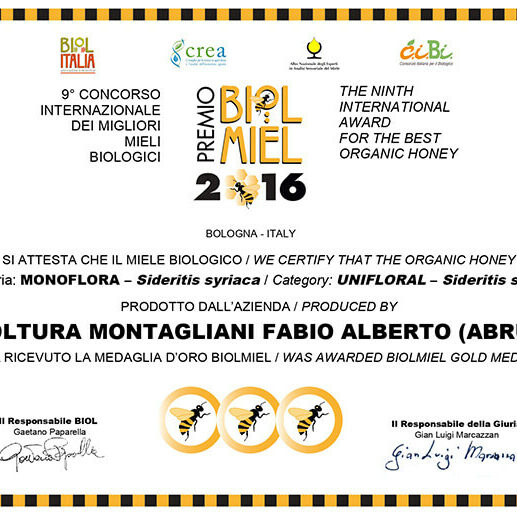 Attestato Biol Miel 2016 sideritis syriaca