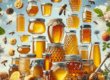 illustrazione di vari barattoli di miele sospesi in aria