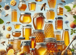 illustrazione di vari barattoli di miele sospesi in aria