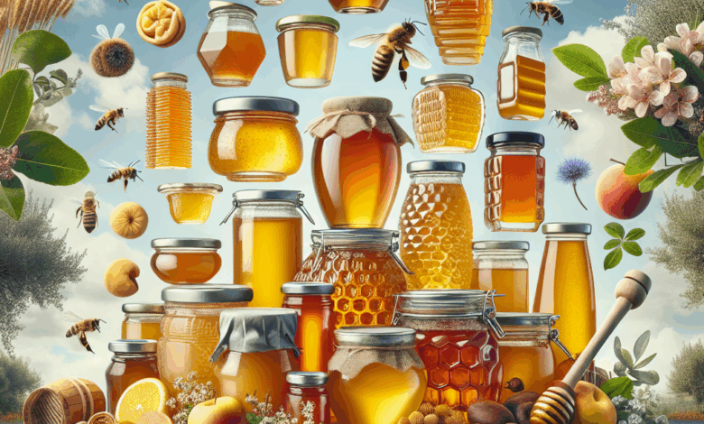 illustrazione di vari barattoli di miele sospesi in aria